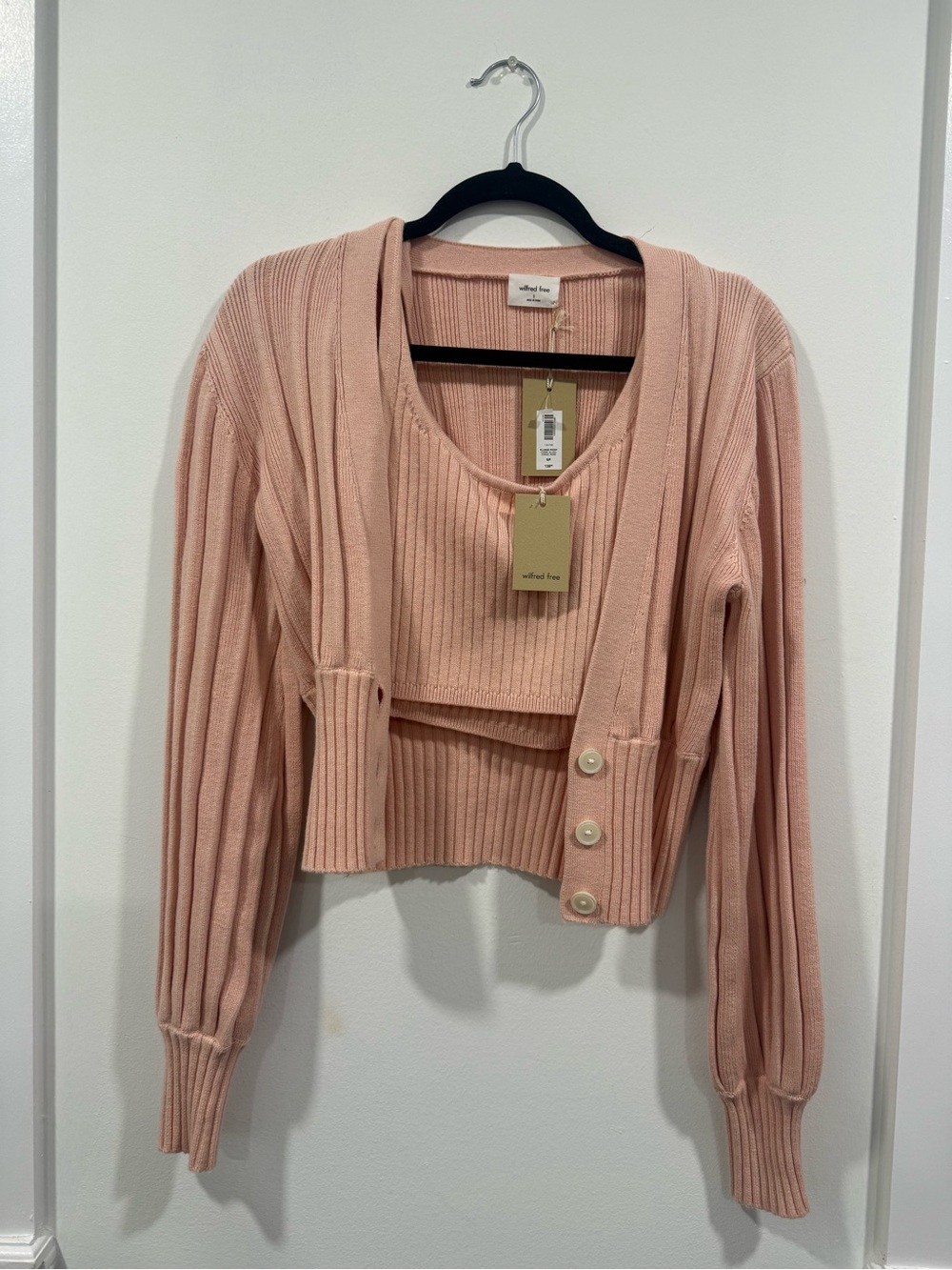 Ribbed Knit Two-Piece Cardigan Set - Pink